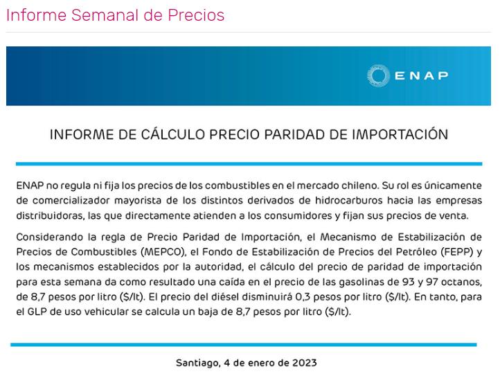 ENAP informó nueva caída en precio de todos los combustibles