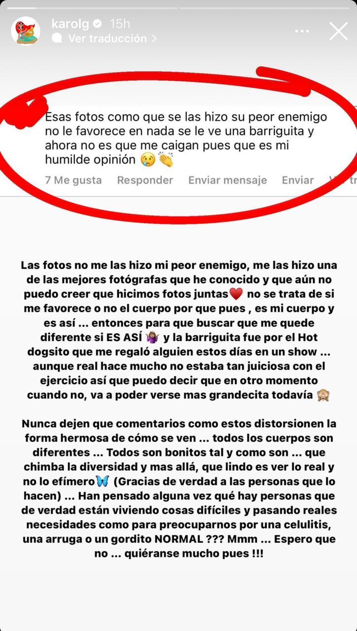 Karol G respondió sin filtro a las críticas que surgieron sobre su cuerpo tras recientes fotografías