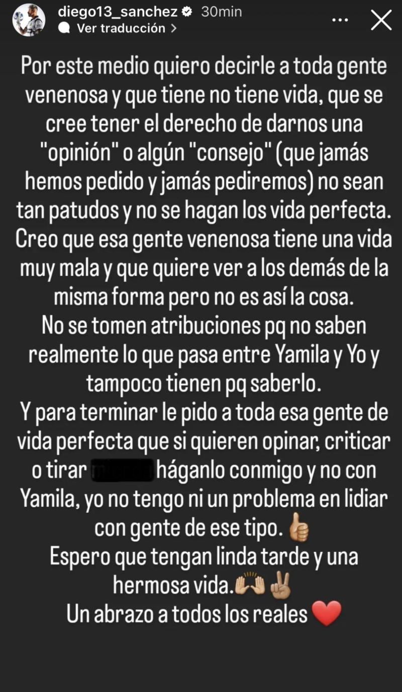 Diego Sánchez sale en defensa de Yamila Reyna