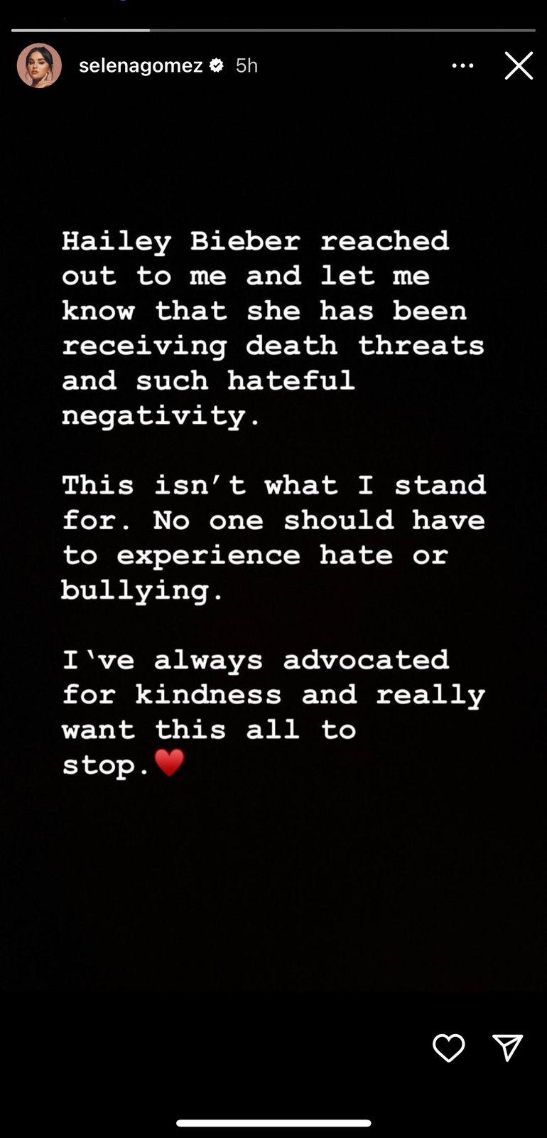 Mensaje de Selena Gómez a fans.