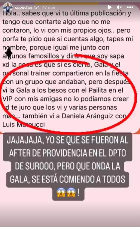 Mensaje sobre supuesto affaire de Gala Caldirola con Pailita