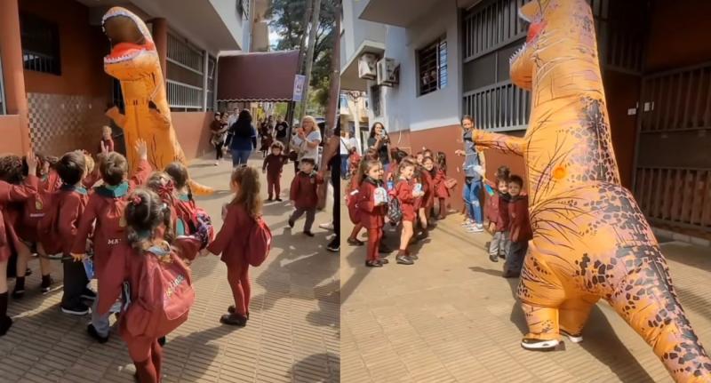 Abuelita sorprendió a su nieto con disfraz de dinosaurio