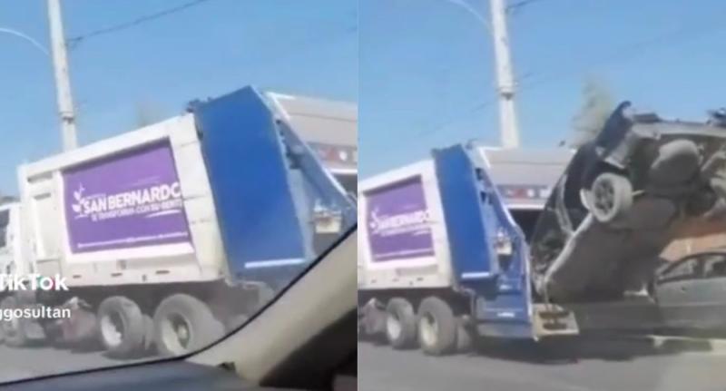 Camión de basura llevó un auto completo en San Bernardo