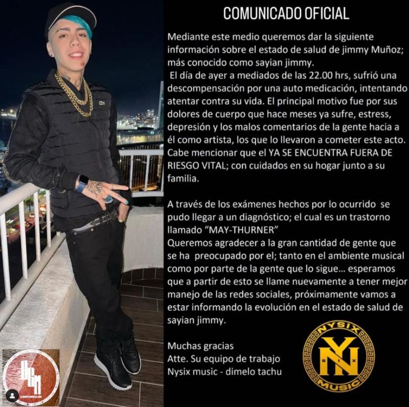 Sayian Jimmy sufrió descompensación tras automedicarse