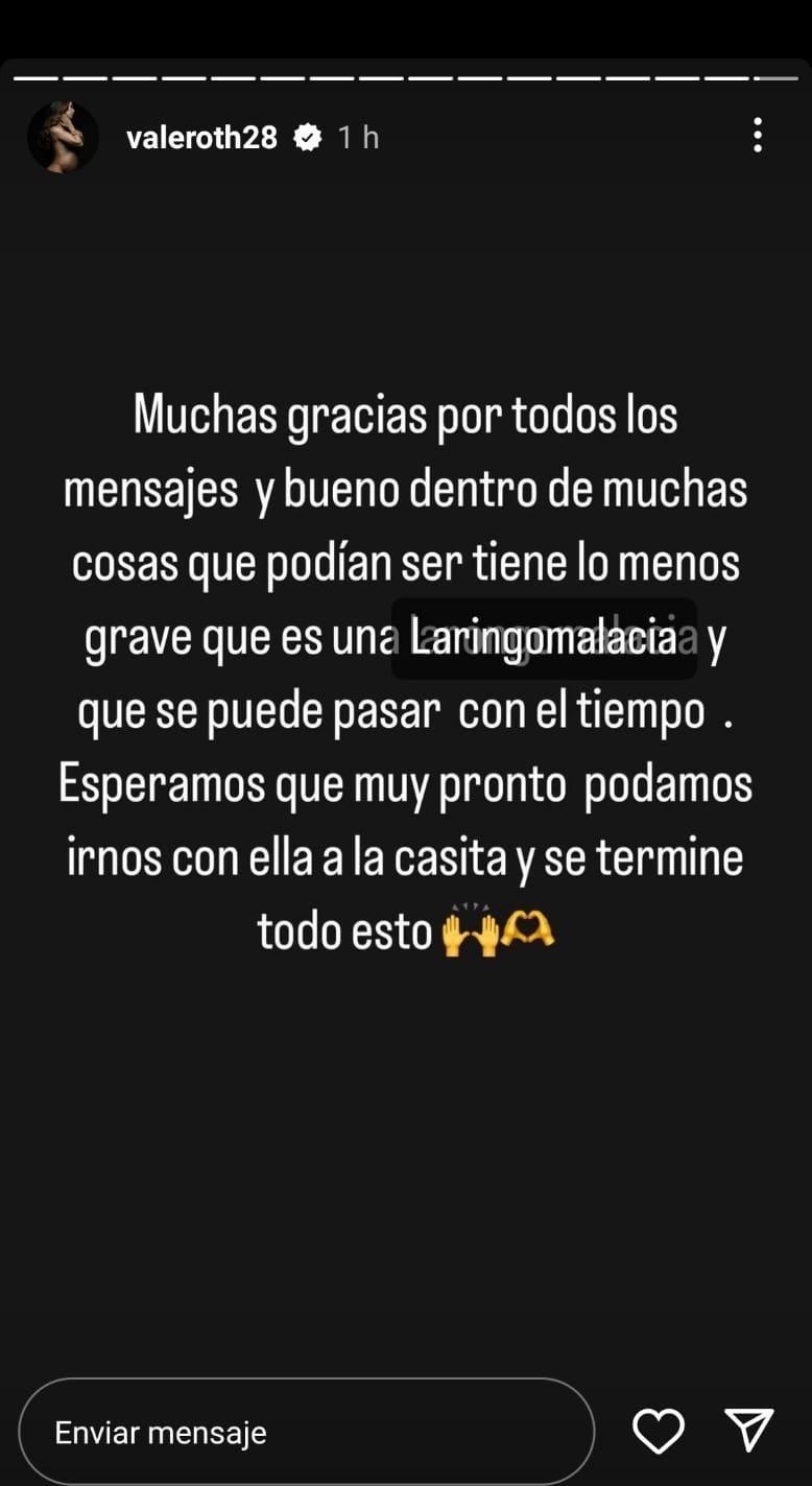 Historia de Vale Roth actualizando estado de salud de su bebé.