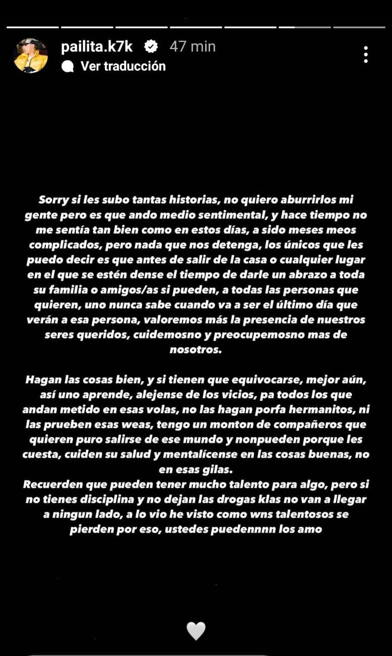 Reflexión de Pailita en redes sociales.