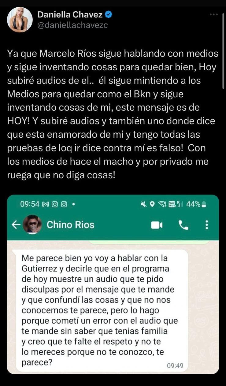 Daniella Chávez expuso a Chino Ríos y advirtió que tiene pruebas en su contra.