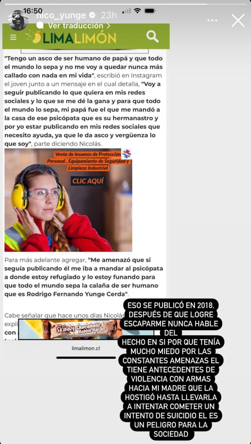 Mensaje de Nico Yunge en contra su padre
