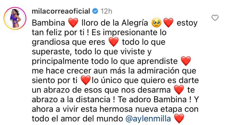 Marco Ferri no fue el único: Mila Correa también celebró la noticia de Aylén Milla