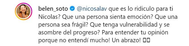 Belén Soto respondió al usuario que la cuestionó