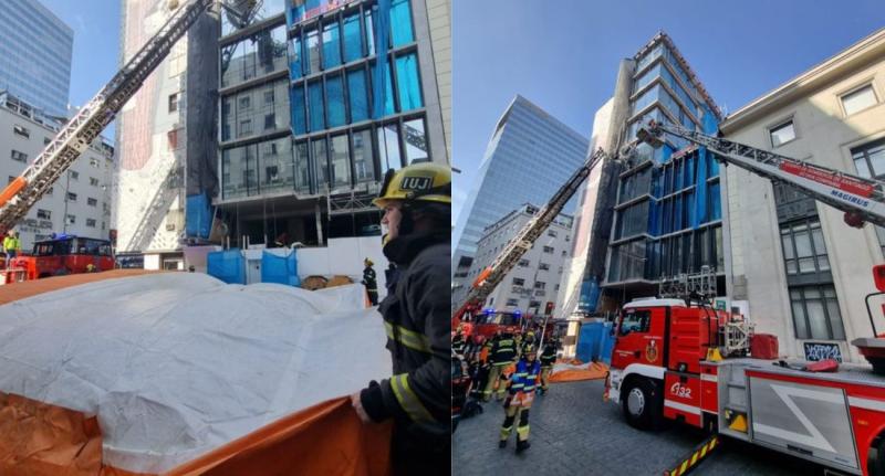Trabajadores quedan colgando desde andamio de edificio del centro de Santiago