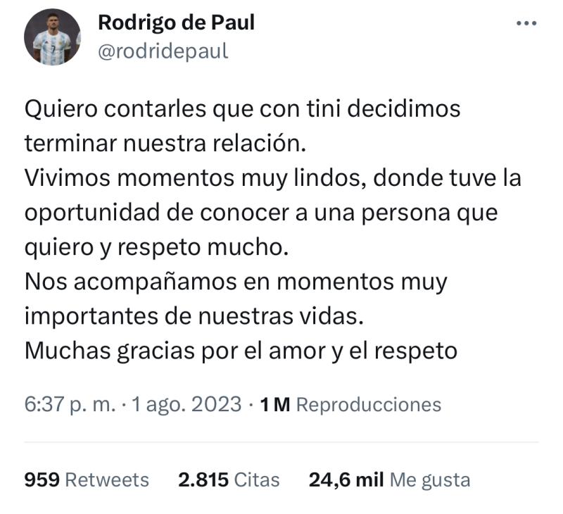 Tini Stoessel y Rodrigo De Paul anuncian su separación