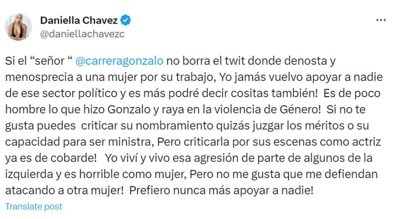 Daniella Chávez amenazó a Gonzalo de la Carrera
