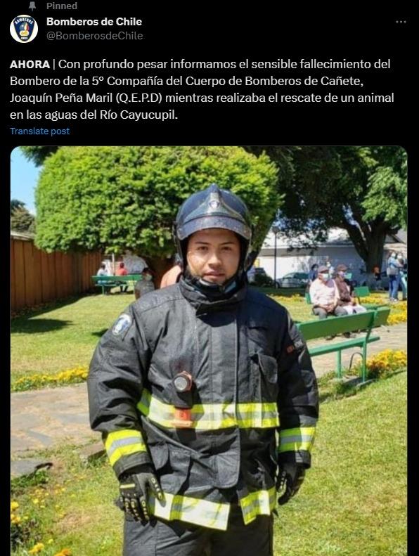 Tuit de condolencias de Bomberos de chile