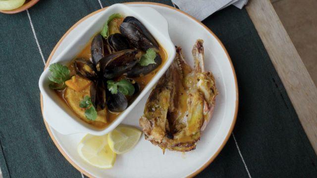 Sopa "levantamuertos" y cabezas de congrio al horno.