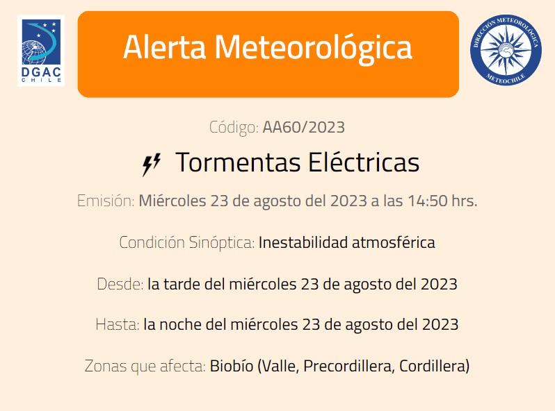 Emiten alerta meteorológica por tormenta eléctrica en BioBío