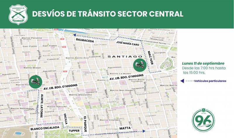 desvíos y cortes de tránsito Centro de Santiago particulares