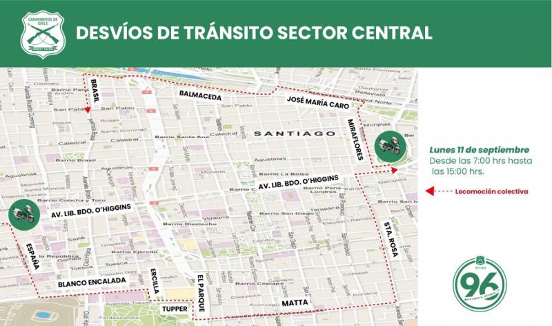 desvíos y cortes de tránsito Centro de Santiago locomoción colectiva
