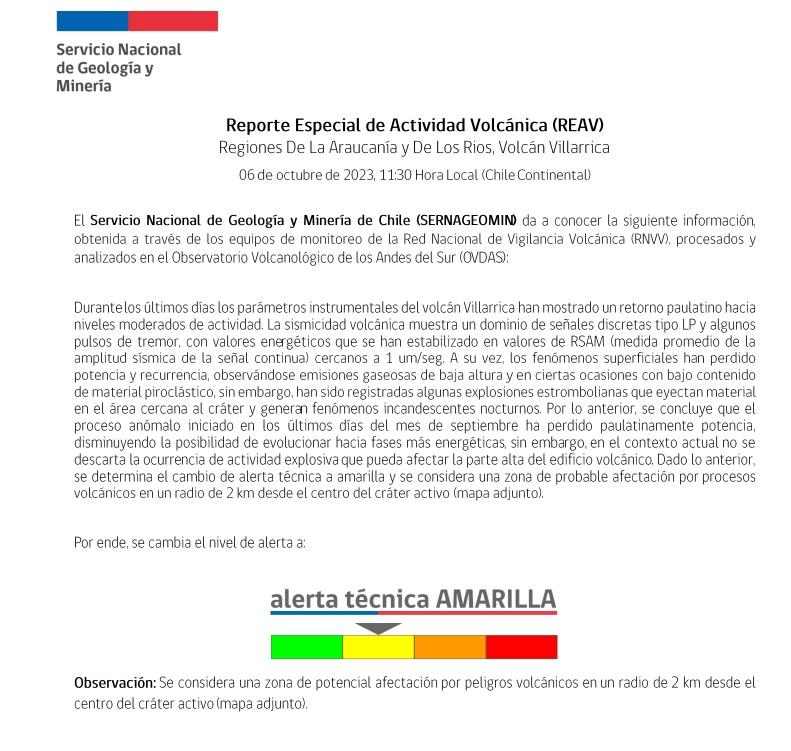 Sernageomin por situación Volcán Villarrica