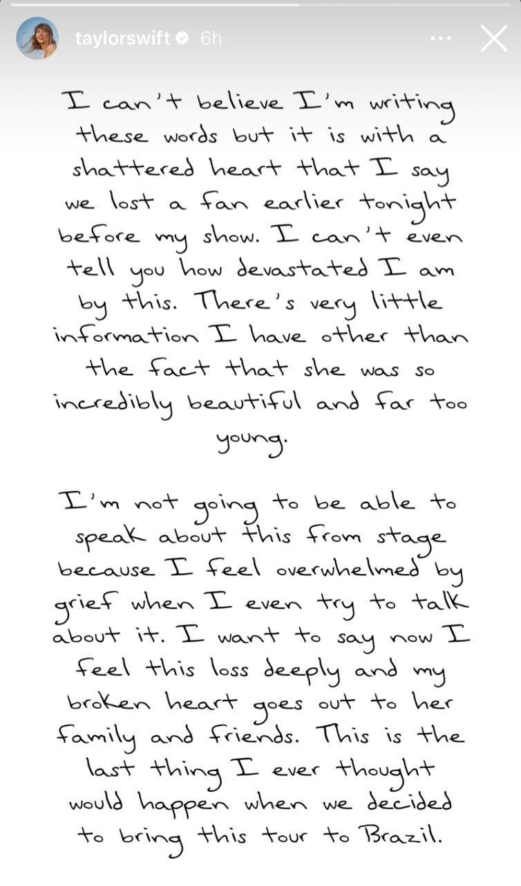 “Mi corazón roto está con su familia”: fan de Taylor Swift muere en su primer show en Brasil