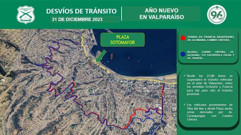 Año nuevo en Valparaíso: Revisa los desvíos y cortes de tránsito