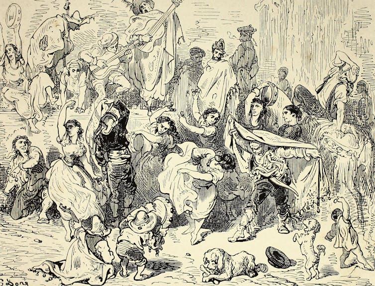 Dibujo de ciudadanos de un pueblo del siglo XIX bailando en una fiesta en la calle.