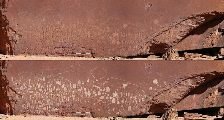 Cuevas en las montañas de Doro! nawas (en Namibia), en el panel con mayor concentración de grabados de huellas de animales, casi 300 en total.