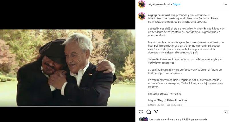 El emotivo 'adiós' de Miguel 'Negro' Piñera tras el fallecimiento de su hermano.