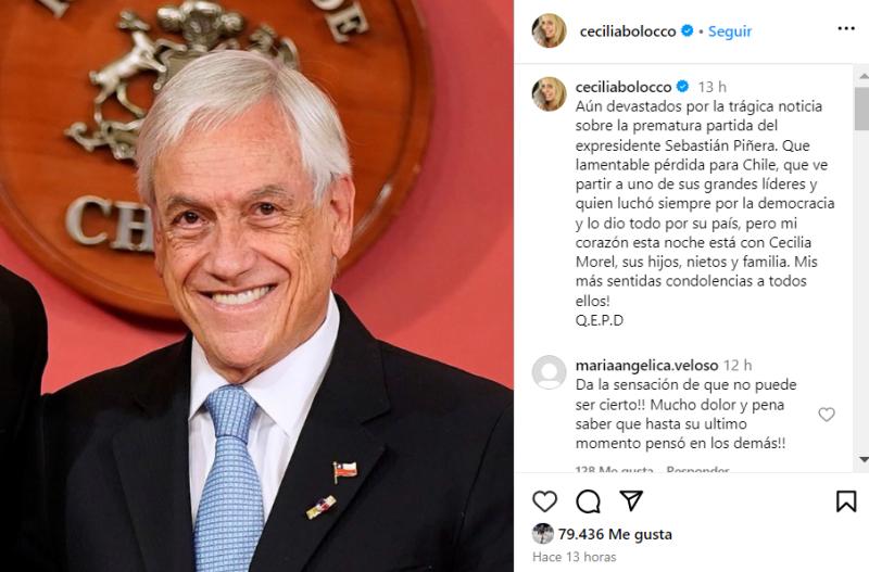 Cecilia Bolocco envió sus condolencias tras el fallecimiento de Sebastián Piñera.