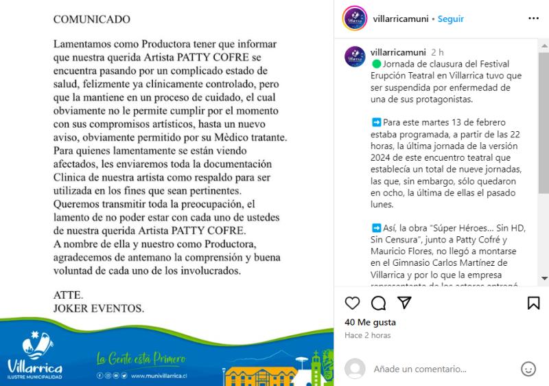 Paty Cofré no se presentará en evento de Villarrica tras sufrir problemas de salud.