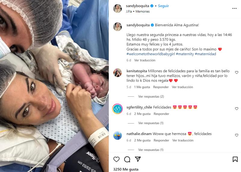 Hace solo una semana Sandy Boquita estaba anunciando el nacimiento de su segunda hija. (Instagram)