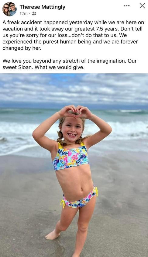 Mensaje de Therese Mattingly, madre de la niña que murió en la playa - Créditos: Facebook Therese Mattingly