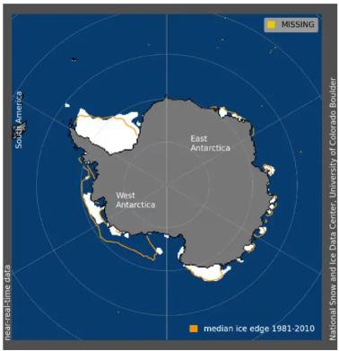 Representación del hielo marino de la Antártida el 21 de febrero de 2024. Créditos: NSIDC