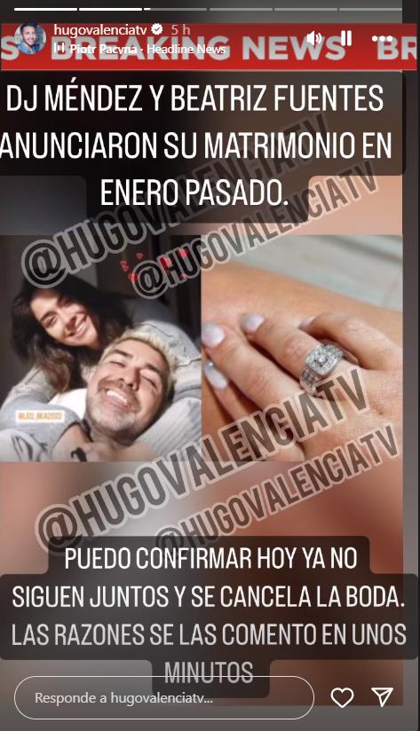Hugo Valencia confirma el quiebre entre DJ Méndez y Beatriz Fuentes.