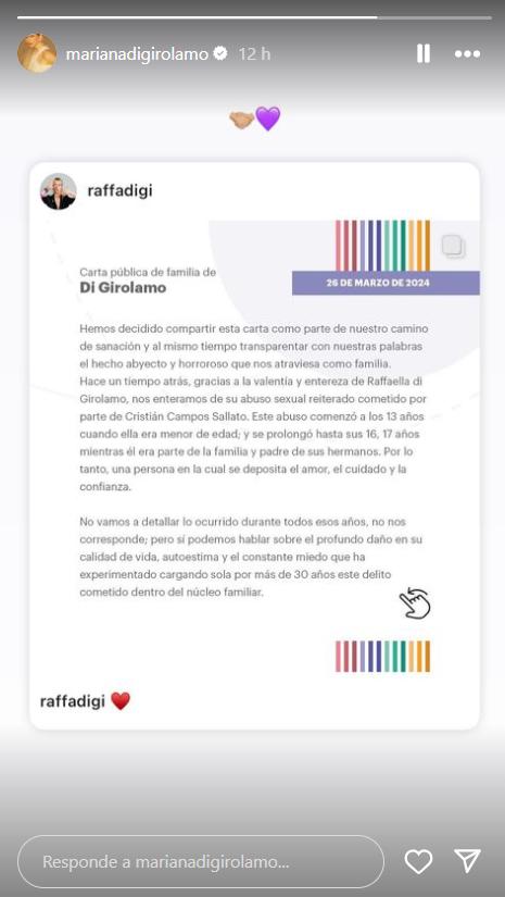 El gesto de apoyo de Claudia di Girolamo a Rafaella di Girolamo.