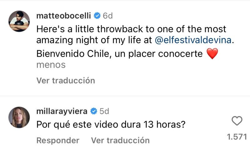 Millaray Viera dejó coqueto mensaje a Matteo Bocelli