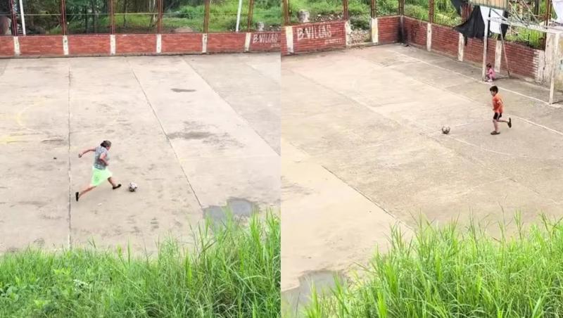 Viralizan registro de abuelita jugando con su nieto al fútbol