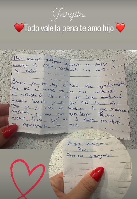 Carta de hijo de Daniela Aránguiz