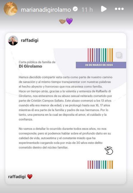 Mariana Di Girolamo reaccionó en apoyo a la denuncia contra Cristián Campos