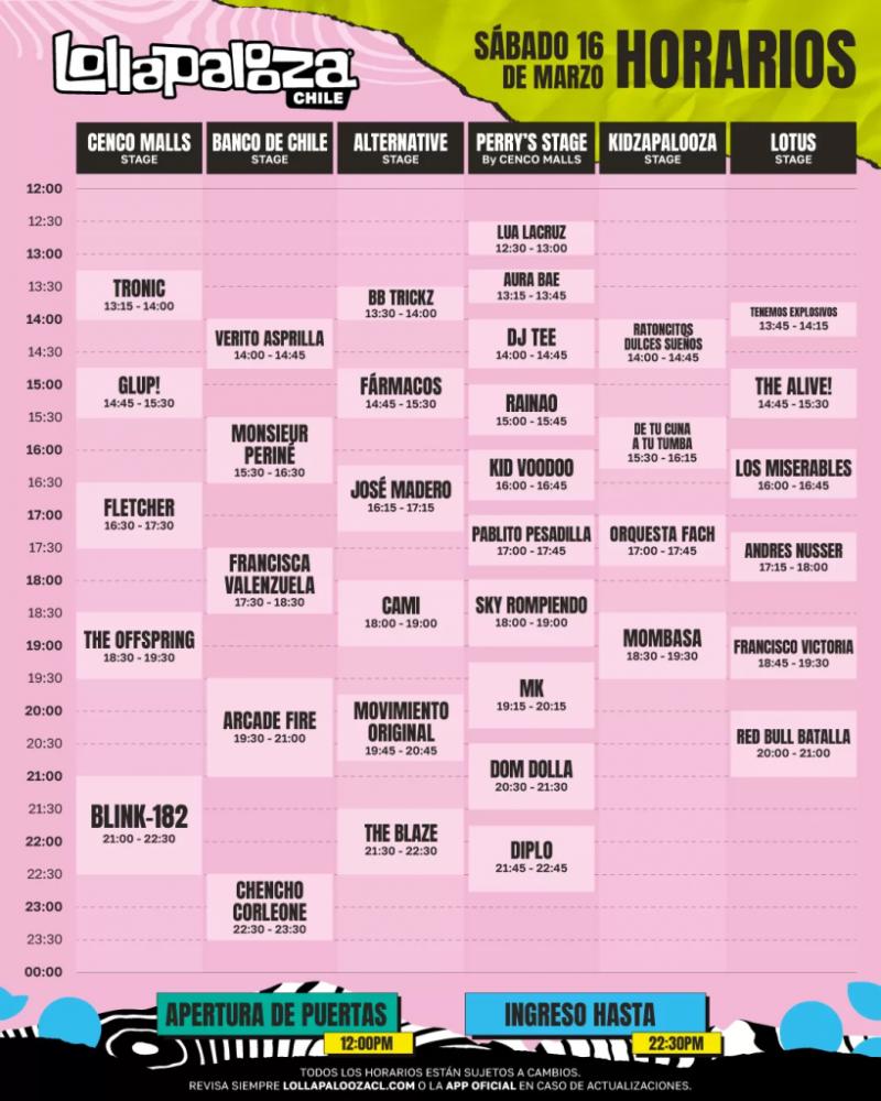 Horario Lollapalooza Sábado 16 de marzo