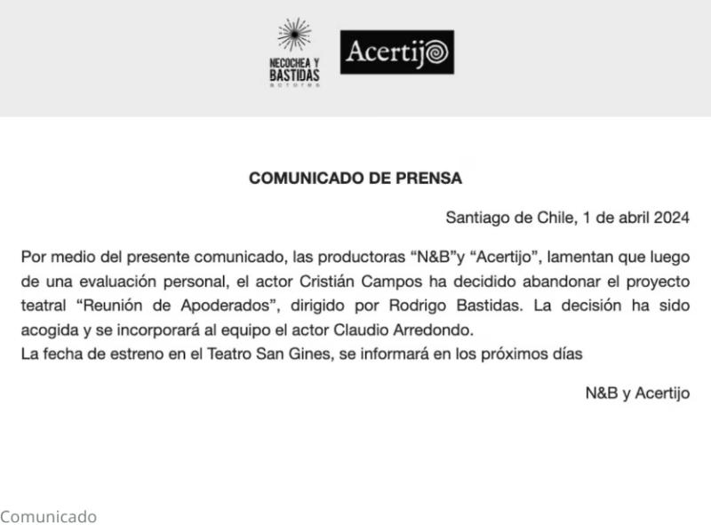 Comunicado de prensa que anuncia la salida de Cristián Campos de la obra 'Reunión de Apoderados'.