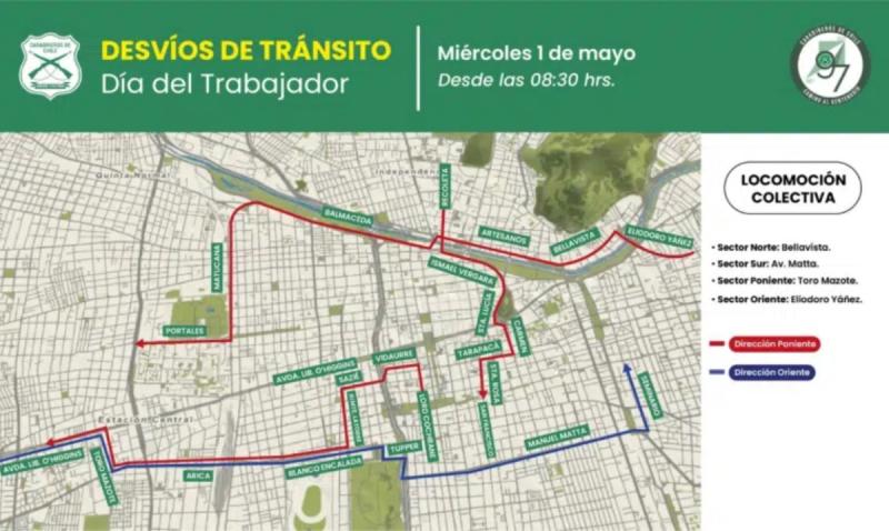 Desvíos por marcha por Día del Trabajo - Créditos: Carabineros