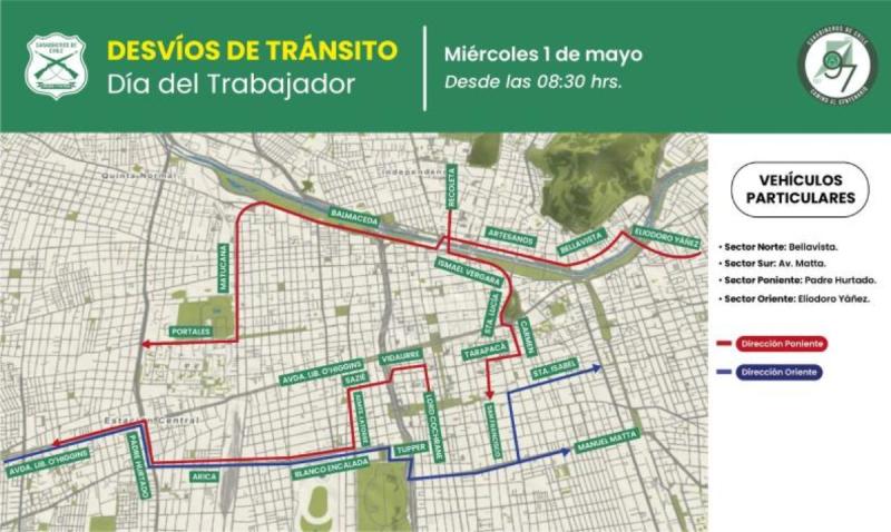 Desvíos por marcha por Día del Trabajo - Créditos: Carabineros