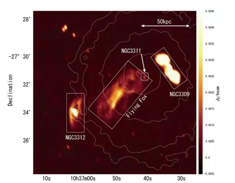 Imagen de radio GMRT de la región central del Cúmulo Hydra. Créditos: NAOJ