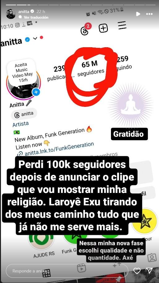 Anitta pierda 100 mil seguidores - Créditos: Instagram