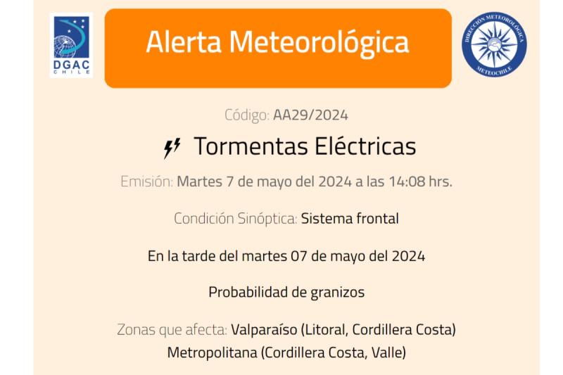 Aviso de tormentas eléctricas en la Región Metropolitana - Captura del Departamento Meteorológico de Chile