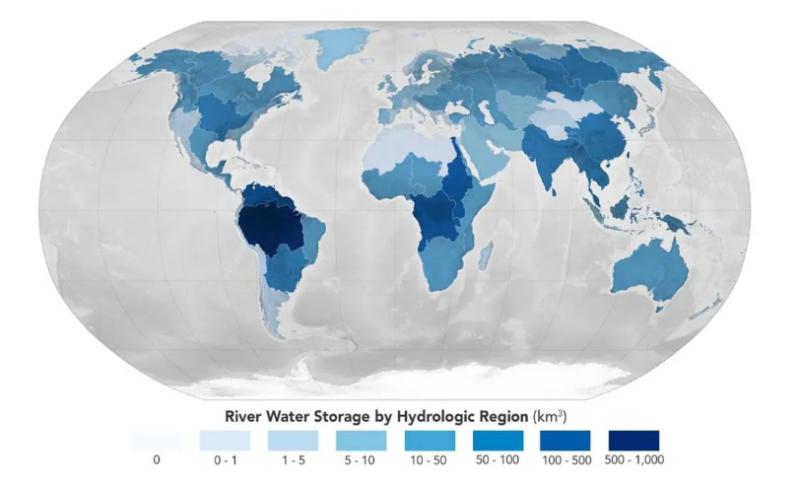 Almacenamiento de agua (km³) de los ríos por región hidrológica. Crédito: NASA.