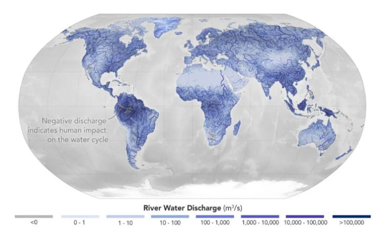 Descarga de agua (m³/s) de los ríos. Crédito: NASA.