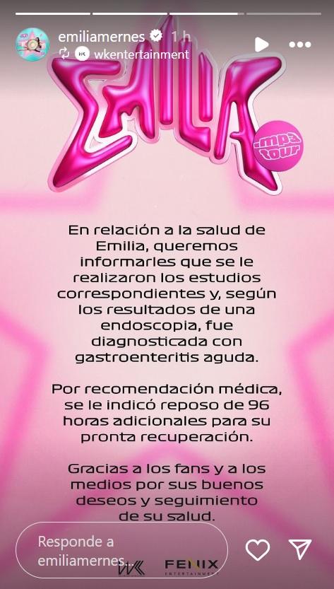 Estado de salud de Emilia Mernes - Créditos: Instagram
