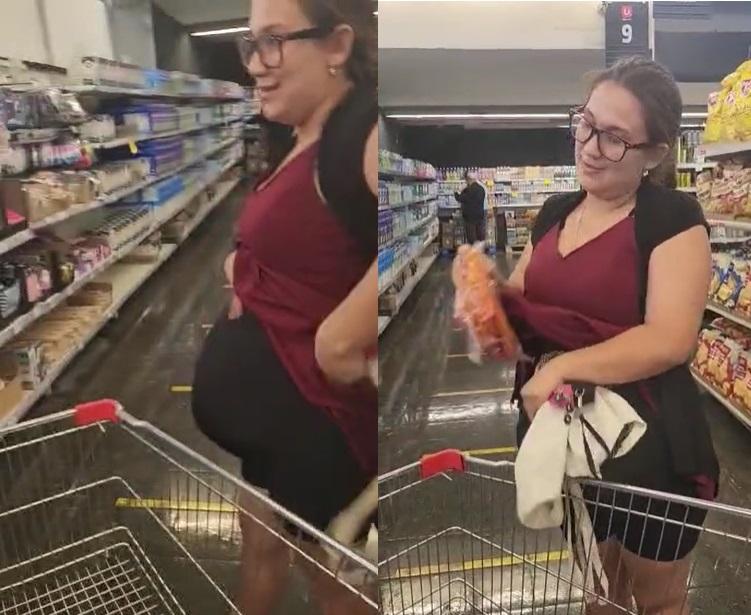 Mechera "embarazada" fue pillada y "dio a luz" una serie de productos en supermercado